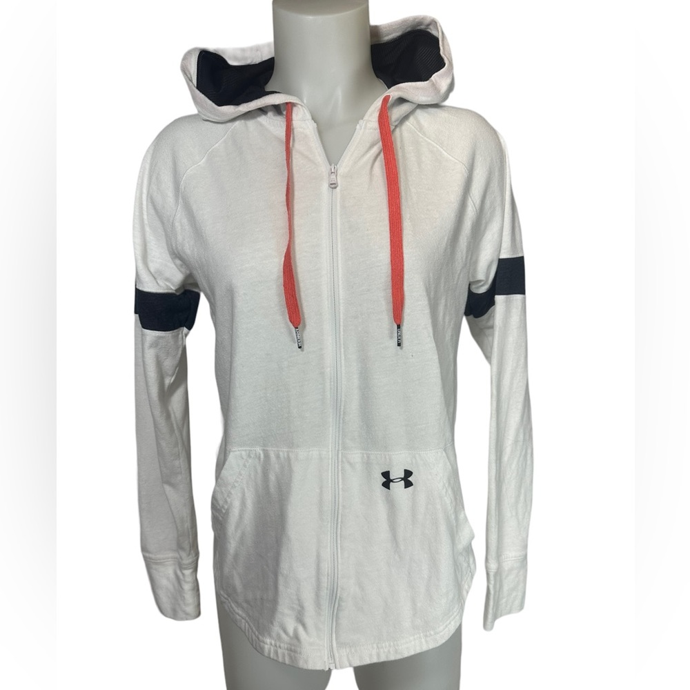 Under Armour Hooded Shirt Womens M Medium White Loose Fit Full Zip Long Sleeve